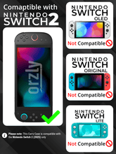 Compatibility image showing the Nintendo Switch 2 case works with the Switch 2 but not with Nintendo Switch, Switch OLED, or Switch Lite.